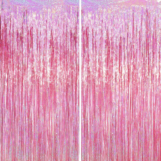 Voircoloria Laser Pink Foil Fringe Backdrop Curtains,3.3x6.6ft, 2 Pack