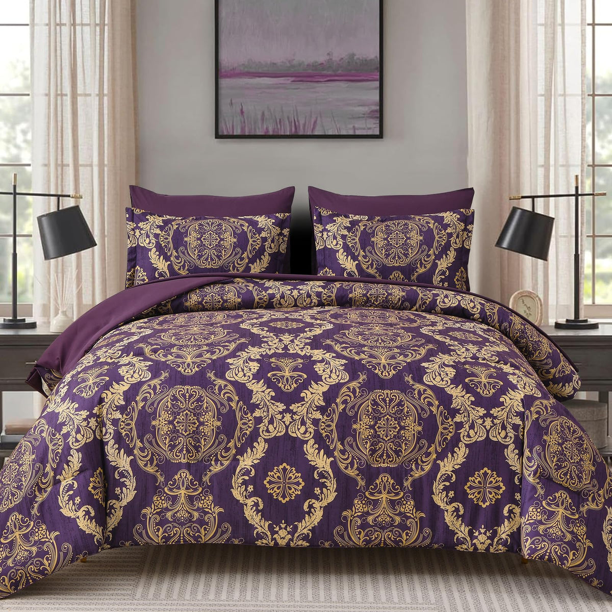 WONGS BEDDING Black Comforter Set Queen Size, Gold Damask Texture 7 Pieces Bed in a Bag Microfiber Comforter Bedding Sets -1 Comforter, 1 Flat Sheet, 1 Fitted Sheet, 2 Pillow Shams, 2 Pillowcases