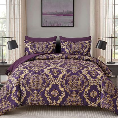 WONGS BEDDING Black Comforter Set Queen Size, Gold Damask Texture 7 Pieces Bed in a Bag Microfiber Comforter Bedding Sets -1 Comforter, 1 Flat Sheet, 1 Fitted Sheet, 2 Pillow Shams, 2 Pillowcases