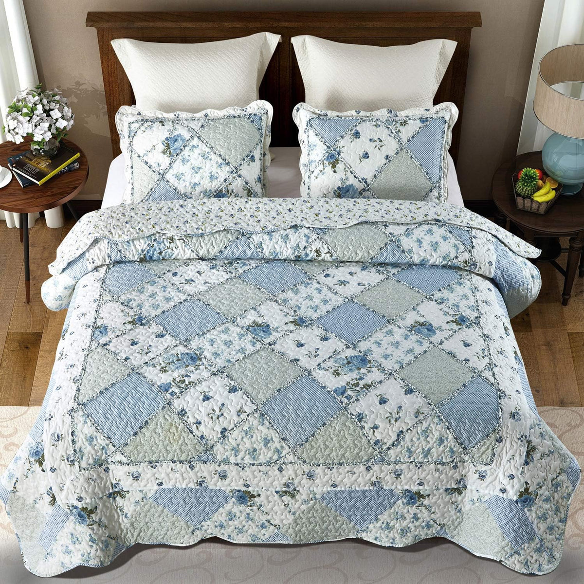 VIVILINEN Blue Floral Patchwork Quilt Set King Size Reversible Quilted Bedding Set with 2 Pillowcases