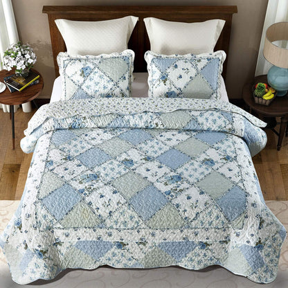 VIVILINEN Blue Floral Patchwork Quilt Set King Size Reversible Quilted Bedding Set with 2 Pillowcases