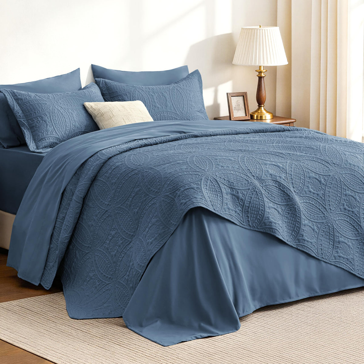 Love's cabin Quilts for Queen Bed Blue Bedspreads - Soft Bed Summer Lightweight Bedspread Comforter - Modern Style Coin Pattern Coverlet for All Season - 3 Pieces (1 Quilt, 2 Pillow Shams)