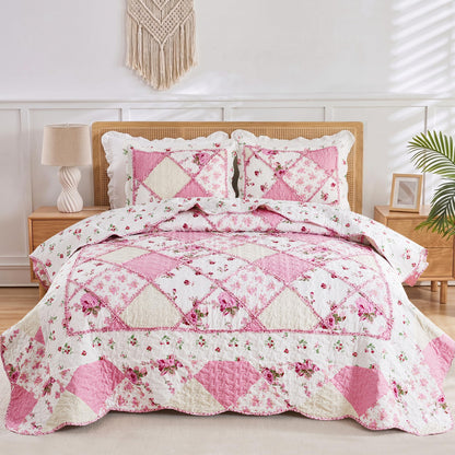 VIVILINEN Blue Floral Patchwork Quilt Set King Size Reversible Quilted Bedding Set with 2 Pillowcases