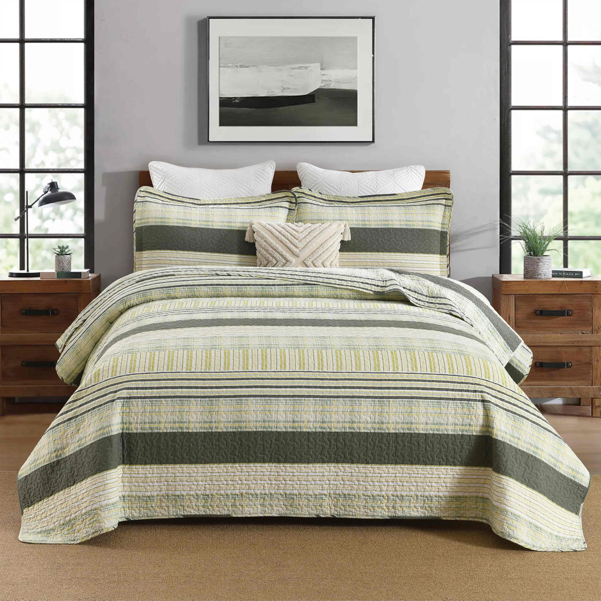 Homzard 100% Cotton Quilt Bedding Set Queen Size Striped Floral Bedspread
