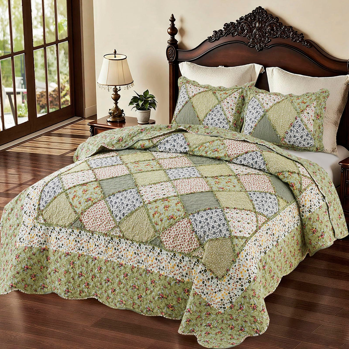 VIVILINEN Blue Floral Patchwork Quilt Set King Size Reversible Quilted Bedding Set with 2 Pillowcases
