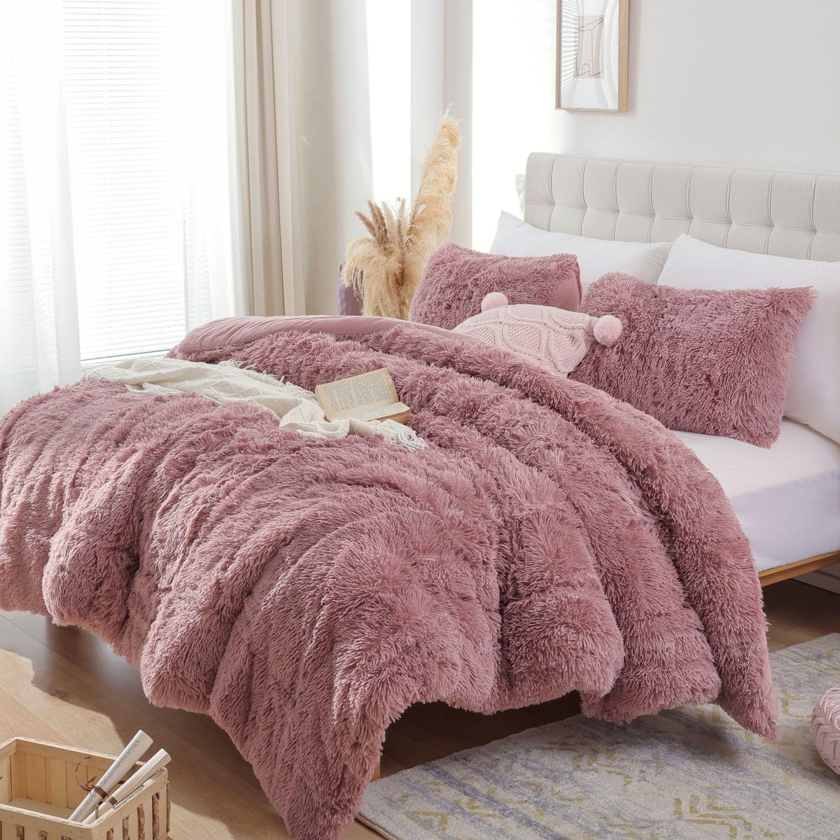 Smoofy Fluffy Queen Comforter Set, Faux Fur Pink Comforter Set 3 Pcs