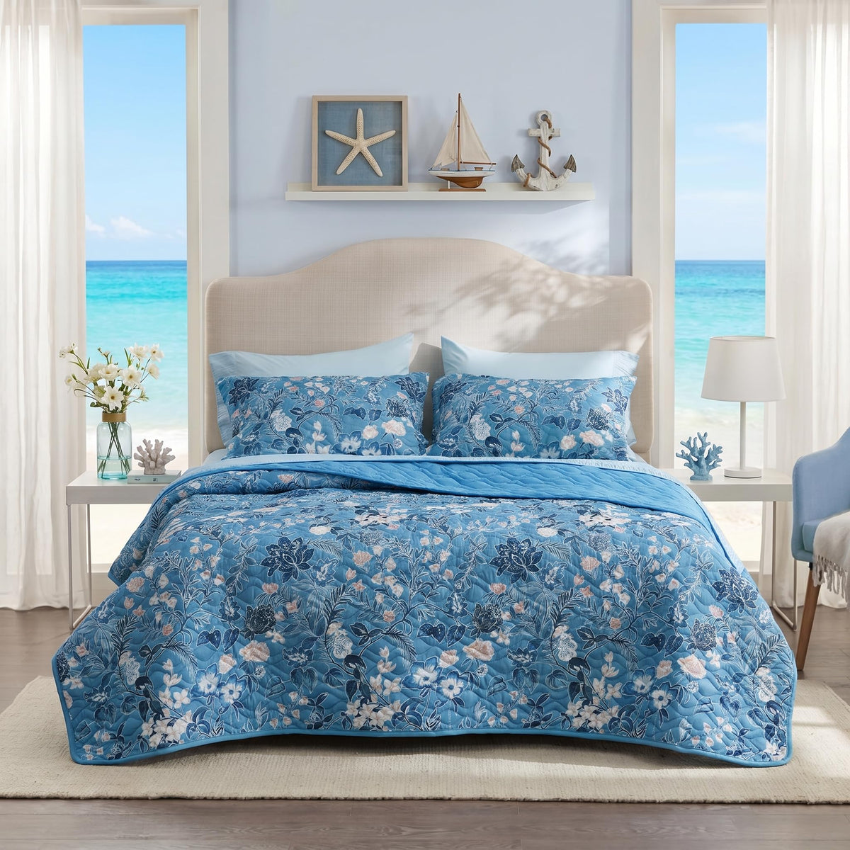 Bedsure Fall Quilts King Size, Reversible Botanical Floral Comforter, Beige