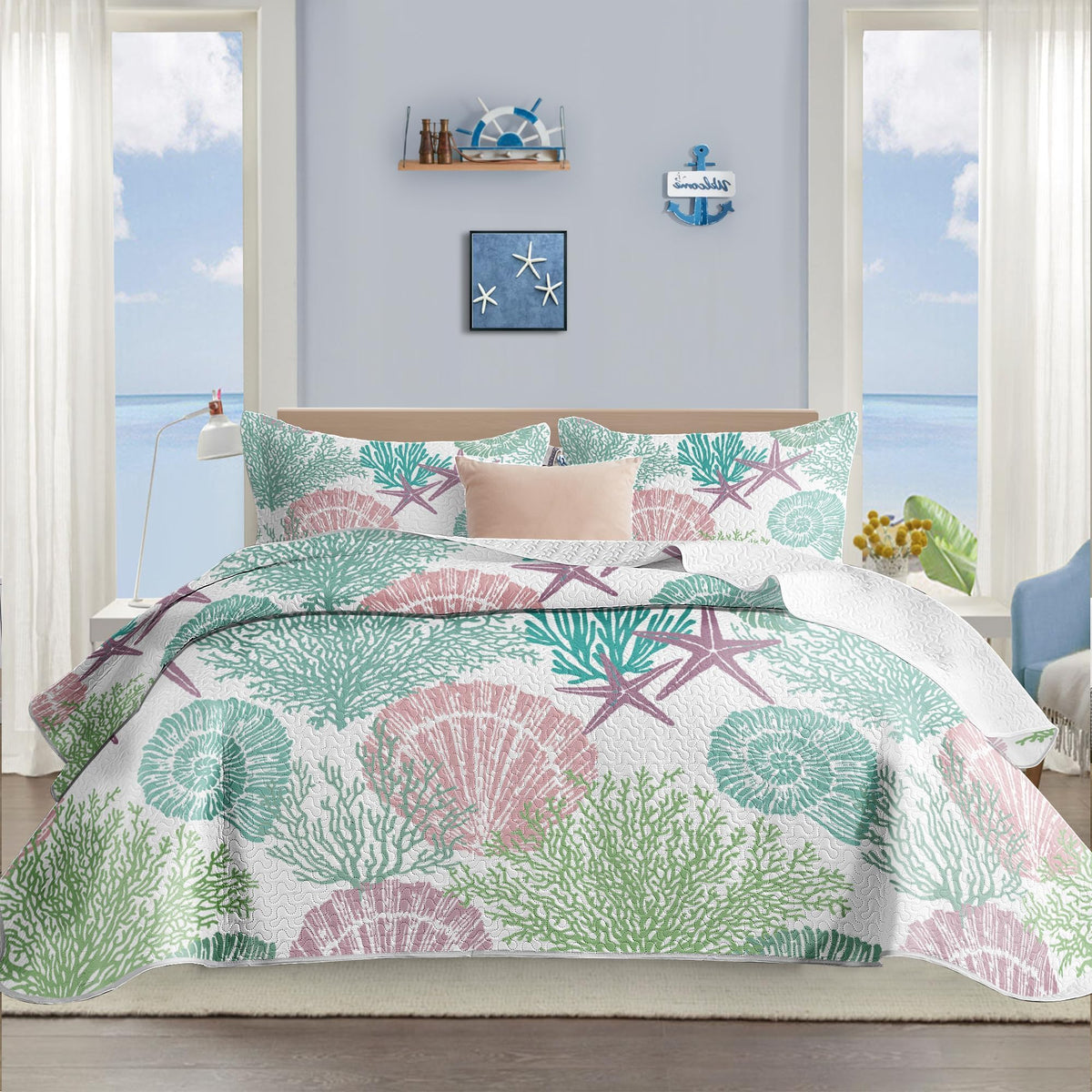 Tritard 3 Piece Coastal Quilt Sets Full/Queen Size Bedding Set, Blue