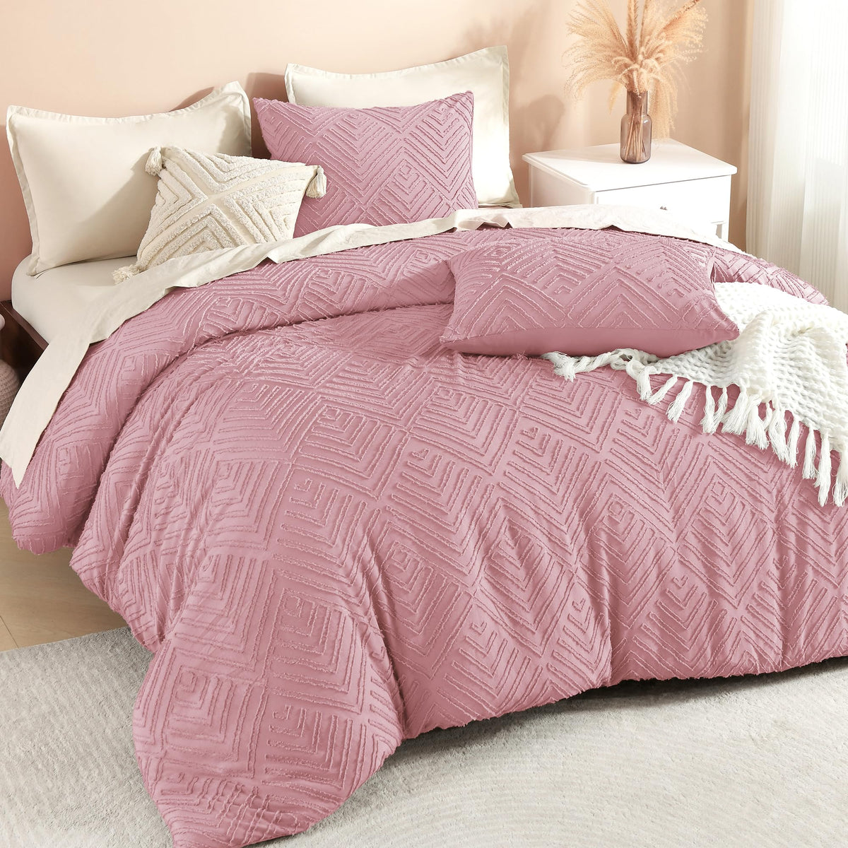 Litanika King Size Comforter Set, 3 Pieces Beige Tufted Boho Bedding Set