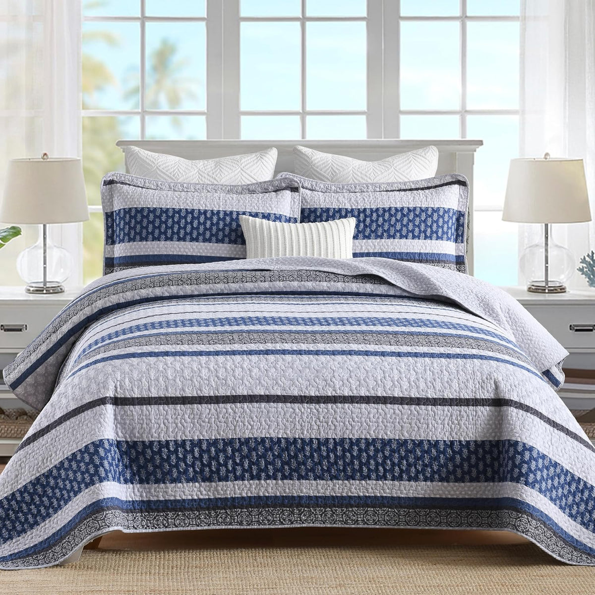 Homzard 100% Cotton Quilt Bedding Set Queen Size Striped Floral Bedspread