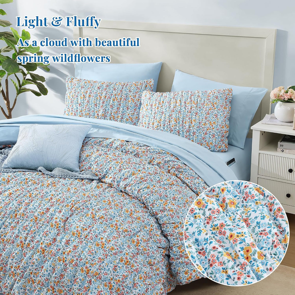 Full Size Comforter Sets - 3 Pieces Blue Ruched Floral Full Bedding Set