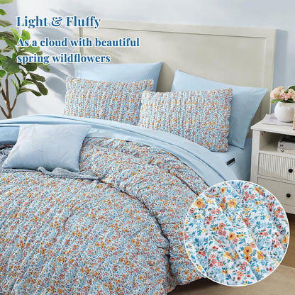 Full Size Comforter Sets - 3 Pieces Blue Ruched Floral Full Bedding Set