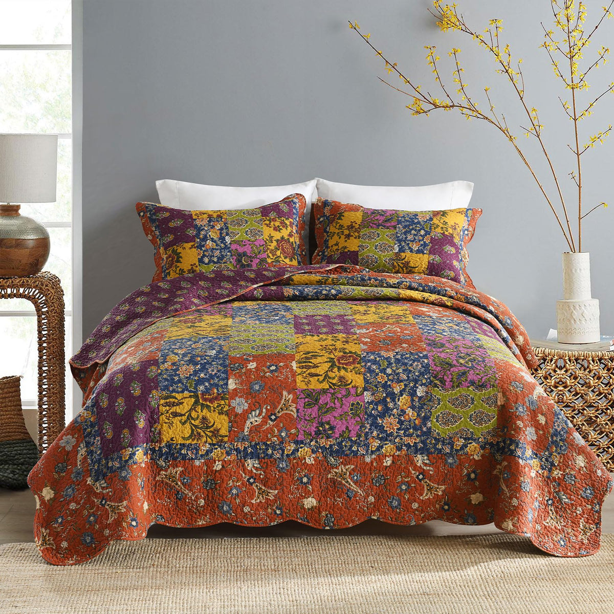 Secgo Queen Comforter Set for Bed - 100% Cotton Quilts Queen Size, Green, Sage Bedspreads (90 * 98 Inch) with 2 Pillow Shams, Patchwork Reversible Lightweight Bedding