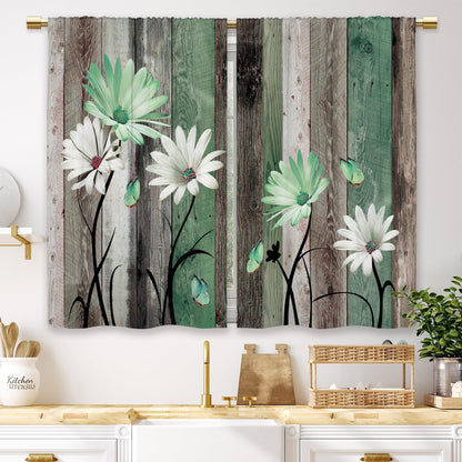 Teal Farmhouse Daisy Kitchen Curtains Wooden Flower Small Short Cafe Window Curtains Rustic Floral Butterfly Country Bathroom Drapes Treatment Tier Curtains 2 Panels (27.5x39 Inch)
