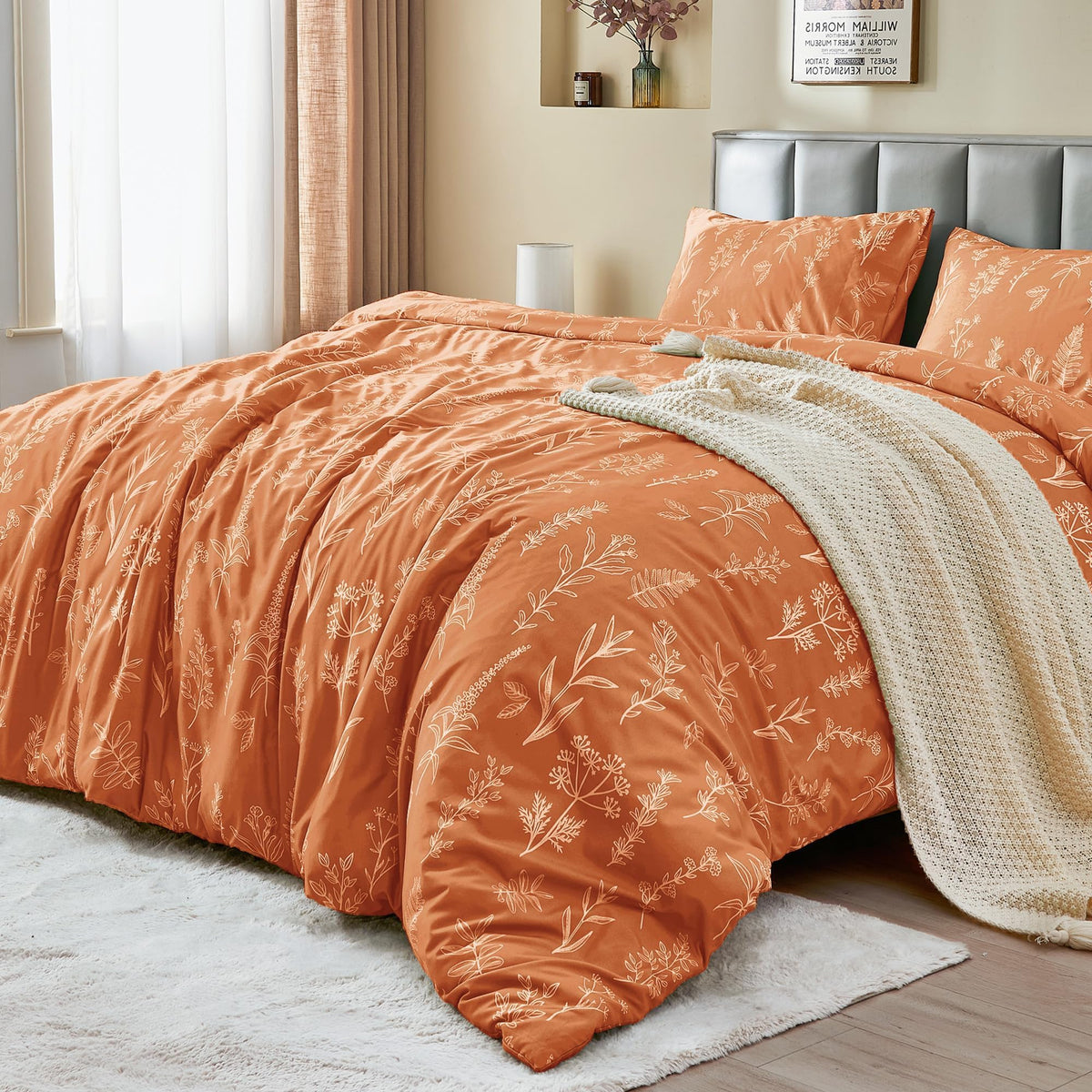 MUXHOMO Duvet Cover King Size, 3-Piece Floral Grey-Blue Bedding Set