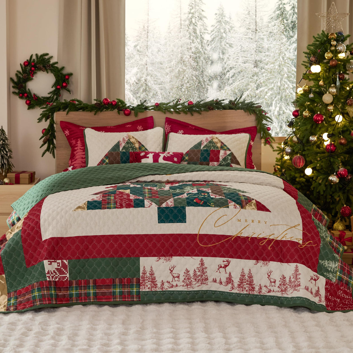 Bedsure Fall Quilts King Size, Reversible Botanical Floral Comforter, Beige