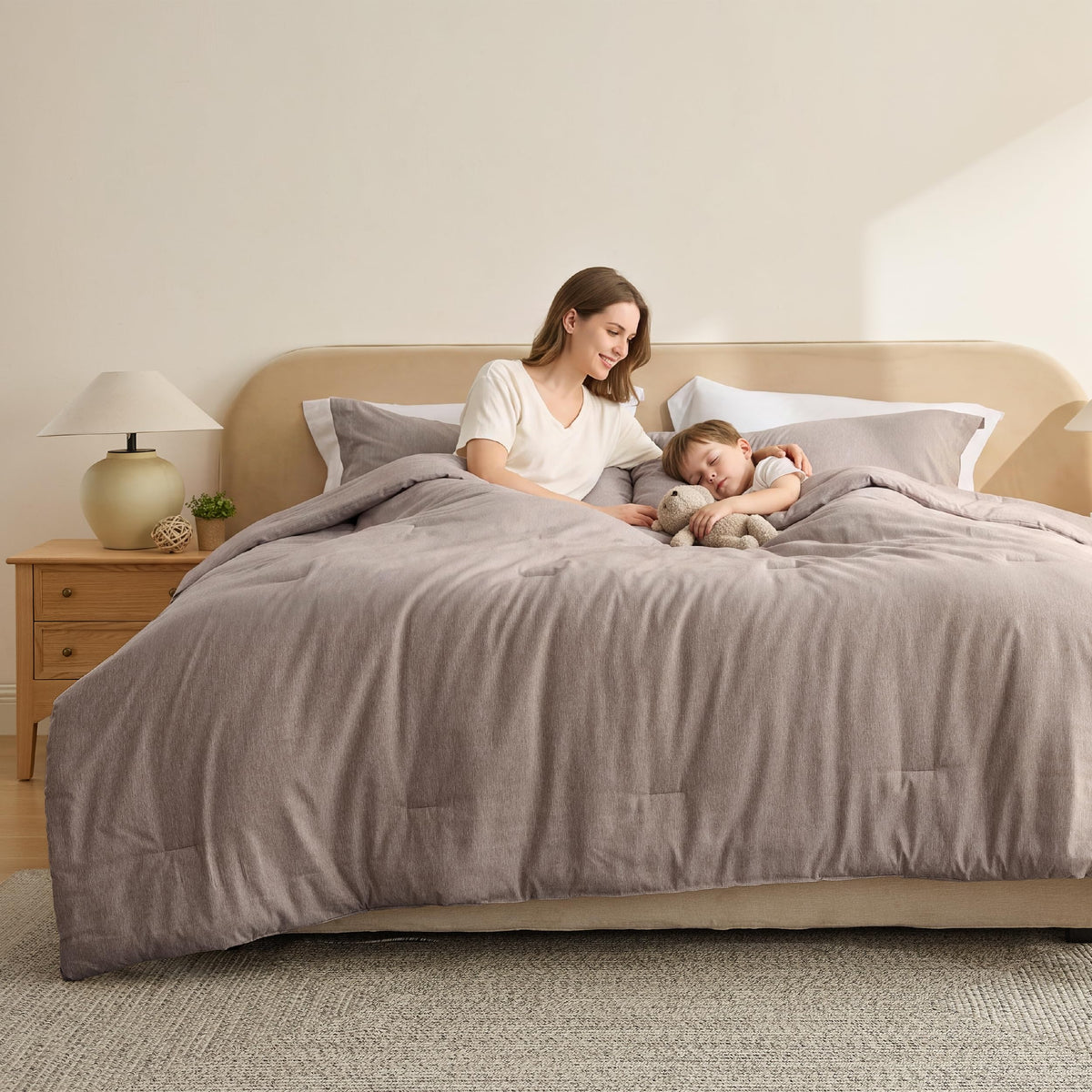 Bedsure Queen Size Comforter Sets, Beige Cationic Dyed Bedding Set 3 Pcs