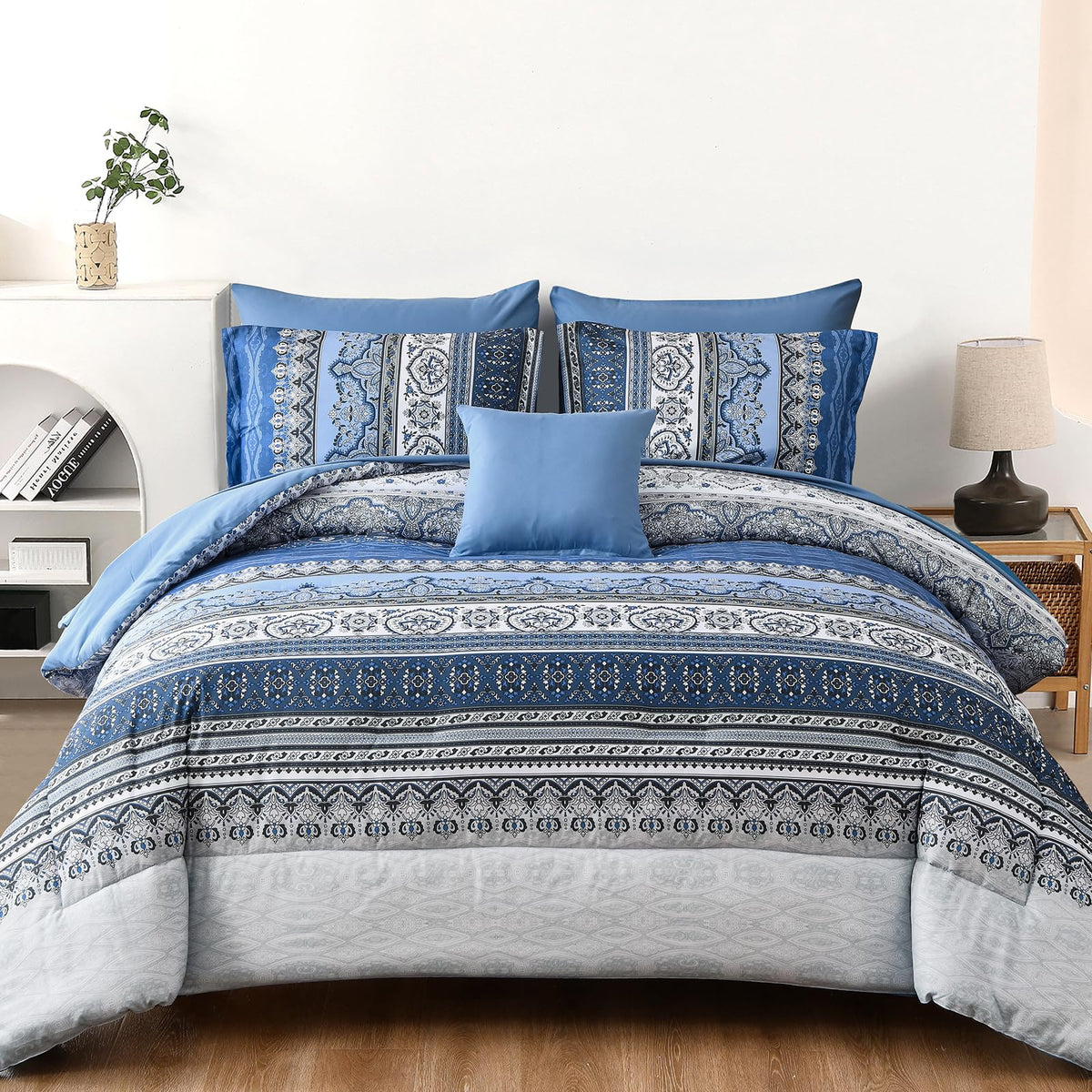 Cottolester Boho Comforter Set Queen Size 8 Piece Bed in a Bag Bohemian Striped Bedding Quilt Set Aqua Paisley Floral Comforter and Sheet Set,Soft Microfiber Complete Bedding Sets for All Season