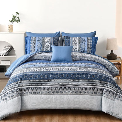 Cottolester Boho Comforter Set Queen Size 8 Piece Bed in a Bag Bohemian Striped Bedding Quilt Set Aqua Paisley Floral Comforter and Sheet Set,Soft Microfiber Complete Bedding Sets for All Season