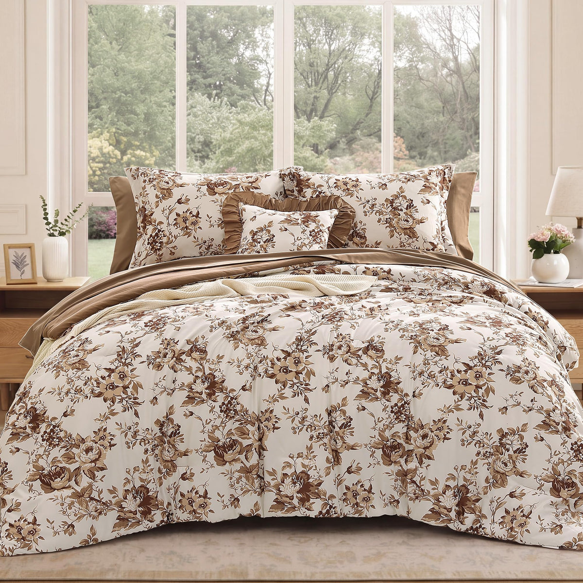 BLOOMHAVEN Queen Comforter Set-7 Pieces Blue Floral Bed in a Bag Queen