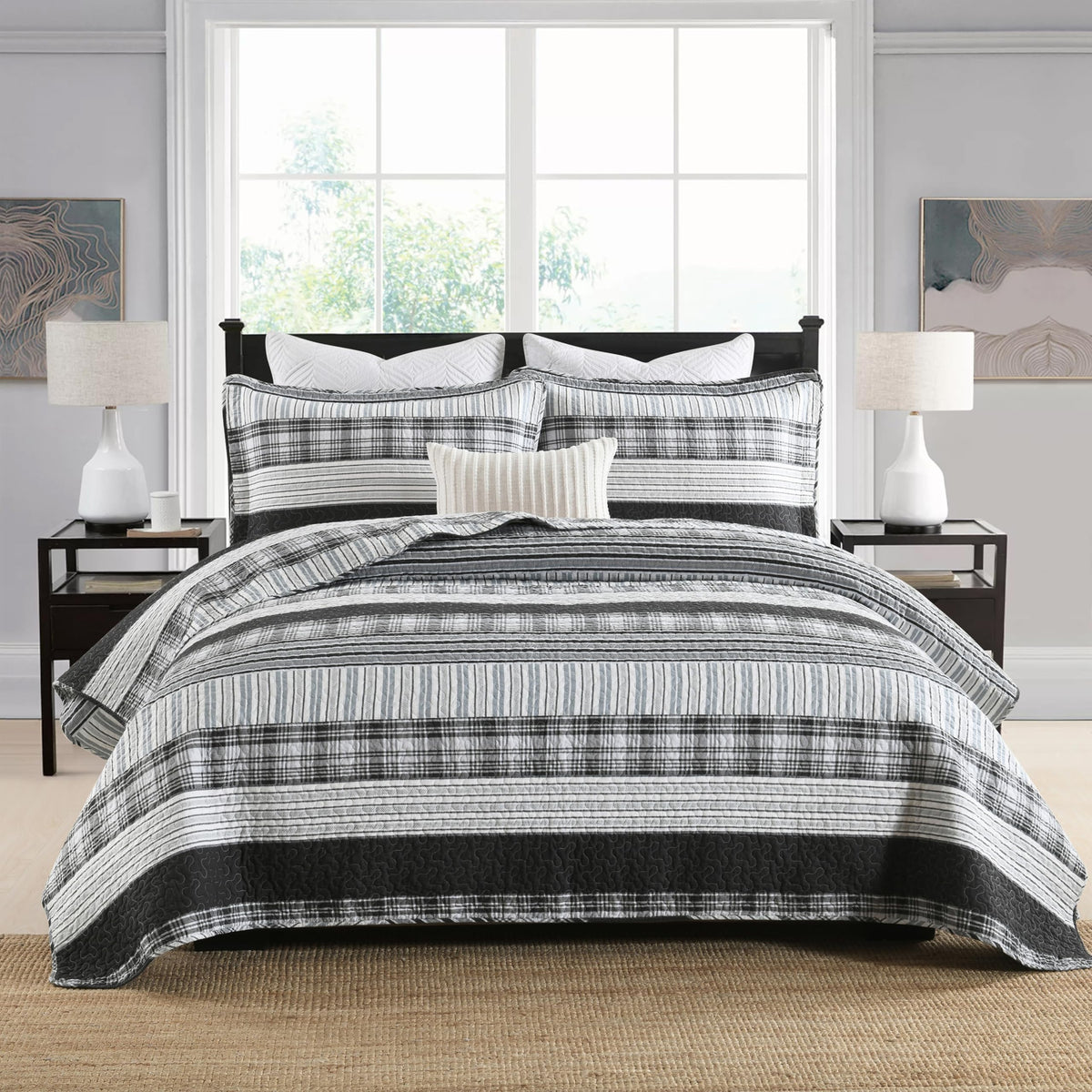 Homzard 100% Cotton Quilt Bedding Set Queen Size Striped Floral Bedspread