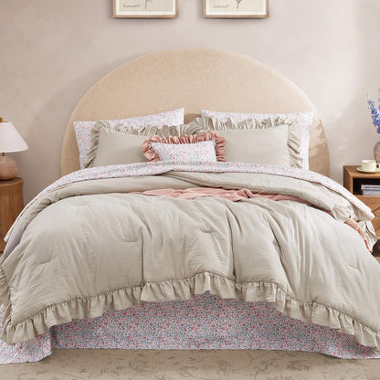 BLOOMHAVEN Queen Comforter Set-7 Pieces Ruffle Bedding with Floral Sheet