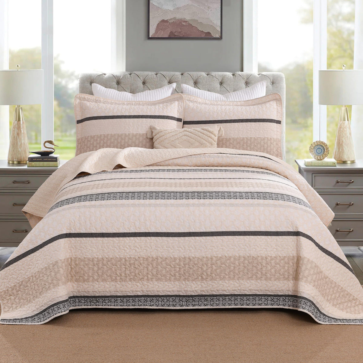 Homzard 100% Cotton Quilt Bedding Set Queen Size Striped Floral Bedspread