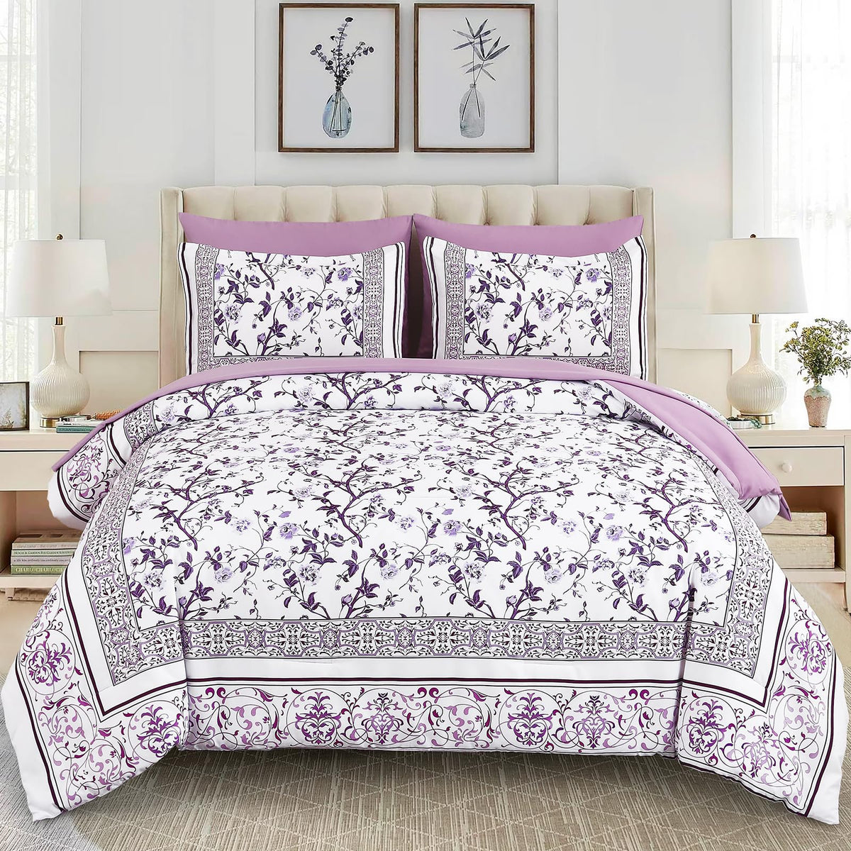 Dobuyly Floral Queen Comforter Set, 7 Piece Bed in a Bag Queen Size Blue Flowers on White Botanical Bedding Set, Soft Microfiber Bedding Comforter Sets with Sheets for All Season