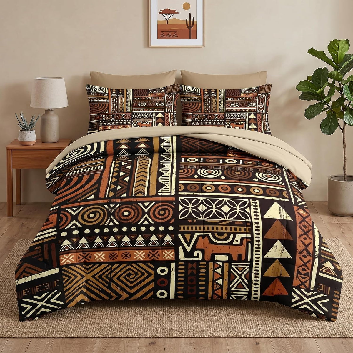 Pamnest Queen Comforter Set with Sheets, 7 Pieces Vintage Tribal Bedding