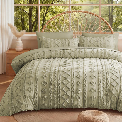 MR&HM Queen Comforter Set 7 Pieces, Fluffy Tufted Boho Beddding Set Beige