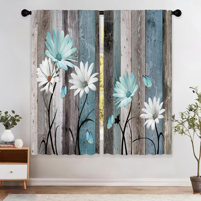 Teal Farmhouse Daisy Kitchen Curtains Wooden Flower Small Short Cafe Window Curtains Rustic Floral Butterfly Country Bathroom Drapes Treatment Tier Curtains 2 Panels (27.5x39 Inch)