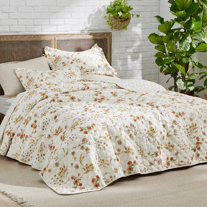 Bedsure Fall Quilts King Size, Reversible Botanical Floral Comforter, Beige