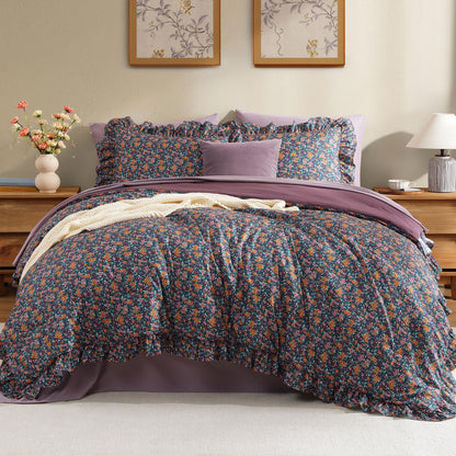 BLOOMHAVEN Queen Comforter Set-7 Pieces Ruffle Bedding with Floral Sheet