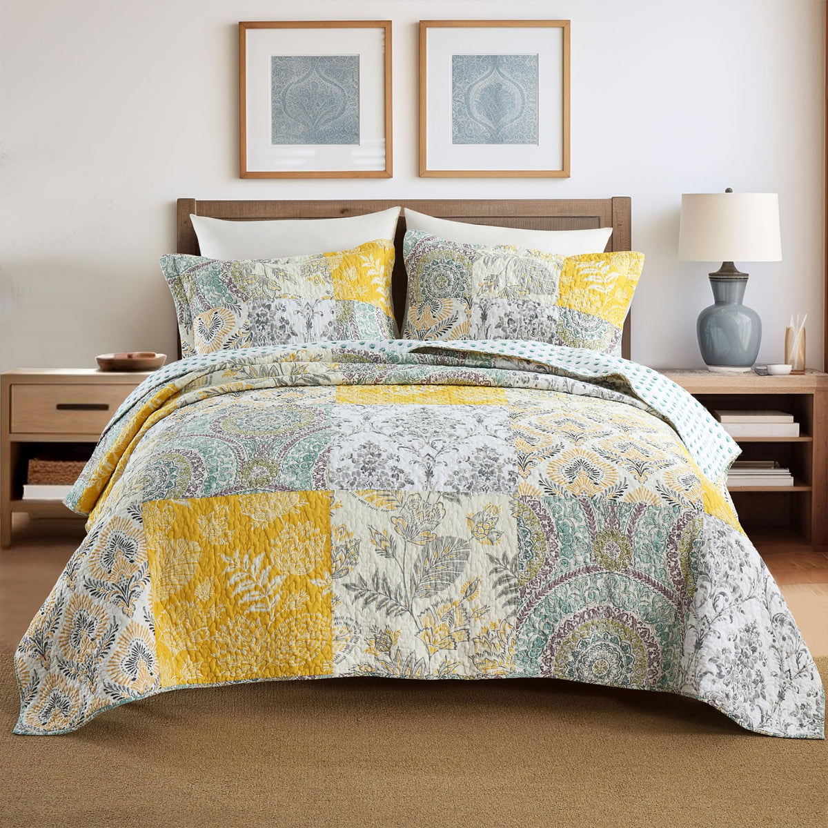 Secgo Queen Comforter Set for Bed - 100% Cotton Quilts Queen Size, Green, Sage Bedspreads (90 * 98 Inch) with 2 Pillow Shams, Patchwork Reversible Lightweight Bedding