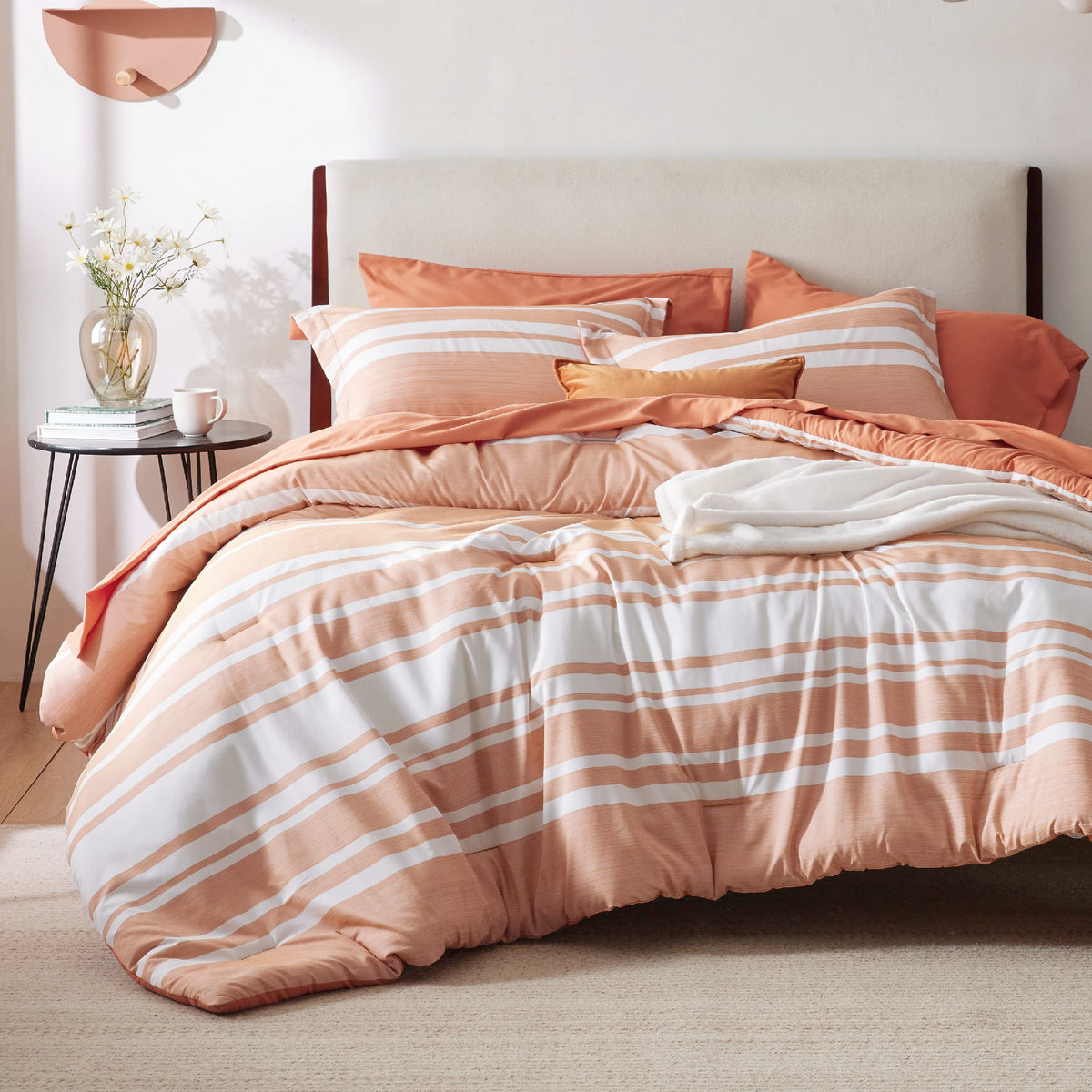 Bedsure Full Comforter Set 7 Pc, Grey Striped, Reversible, All-Season