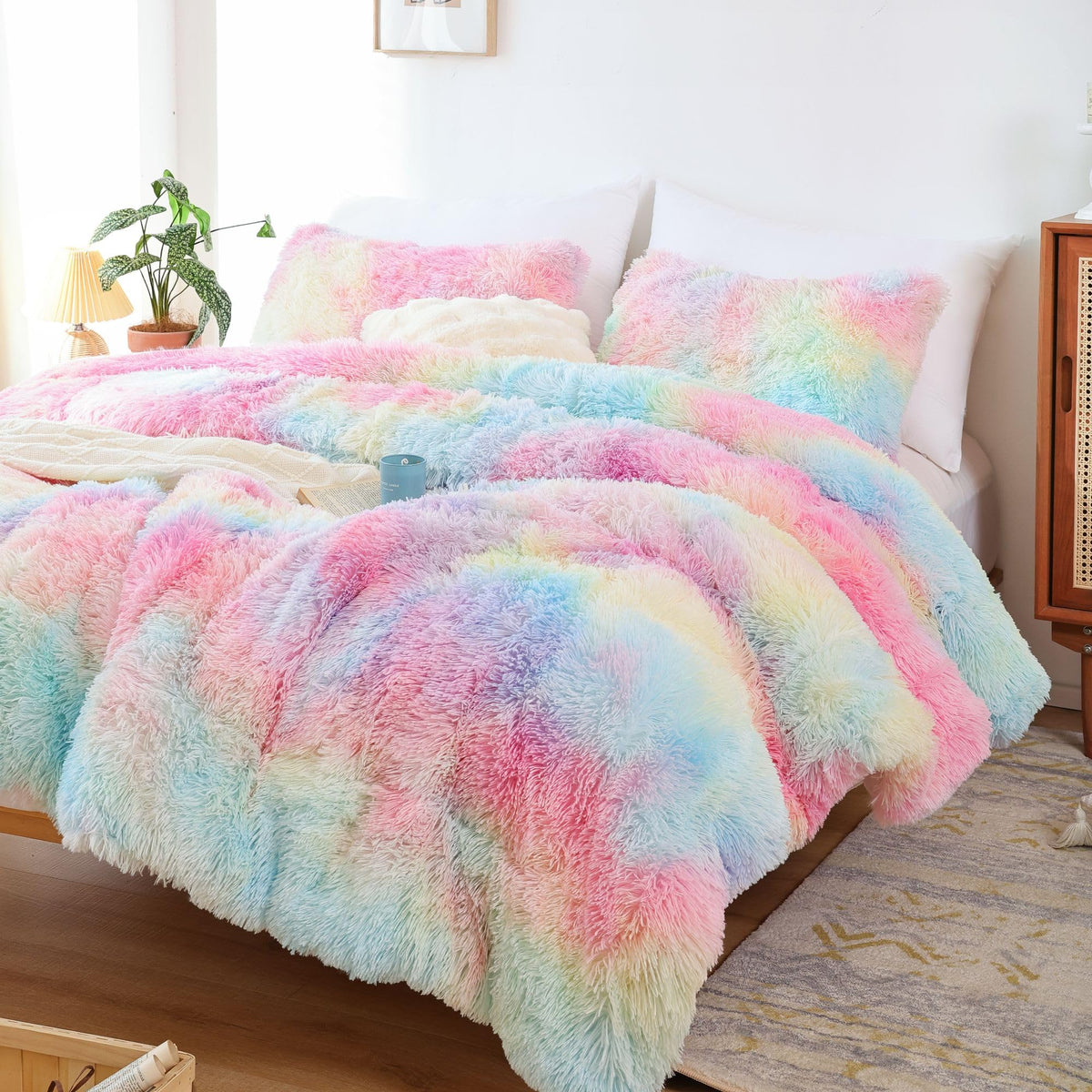 Smoofy Fluffy Queen Comforter Set, Faux Fur Pink Comforter Set 3 Pcs