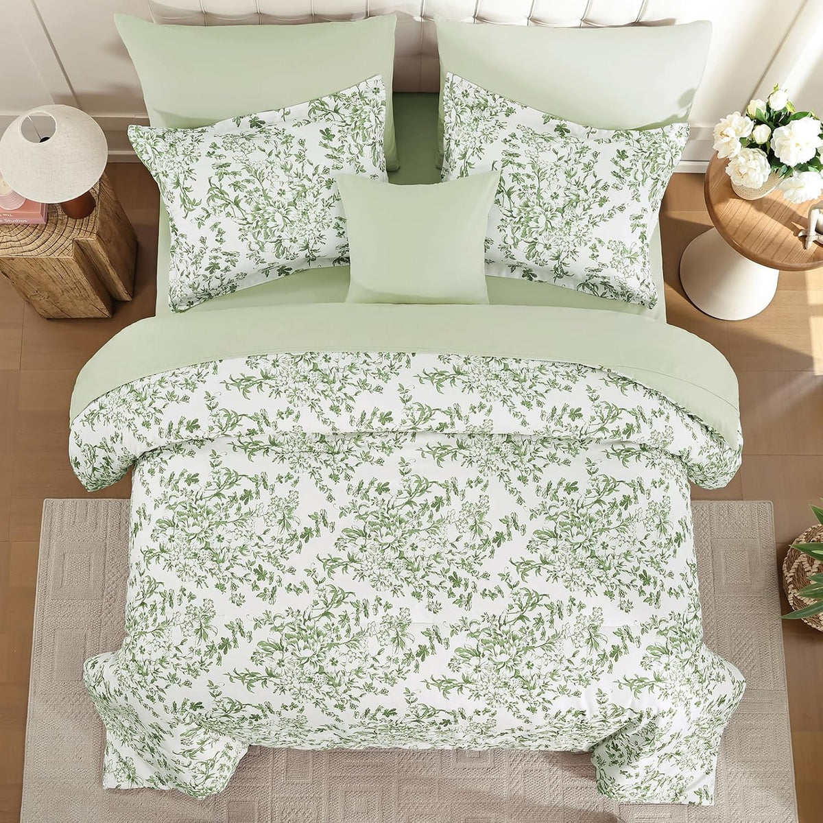 WONGS BEDDING 8 Pieces Queen Size Comforter Set Green, Sage Green Floral Bed in a Bag Comforter Sets, Soft Reversible Botanical Flowers Bedding Sets for All Season (90"x90")