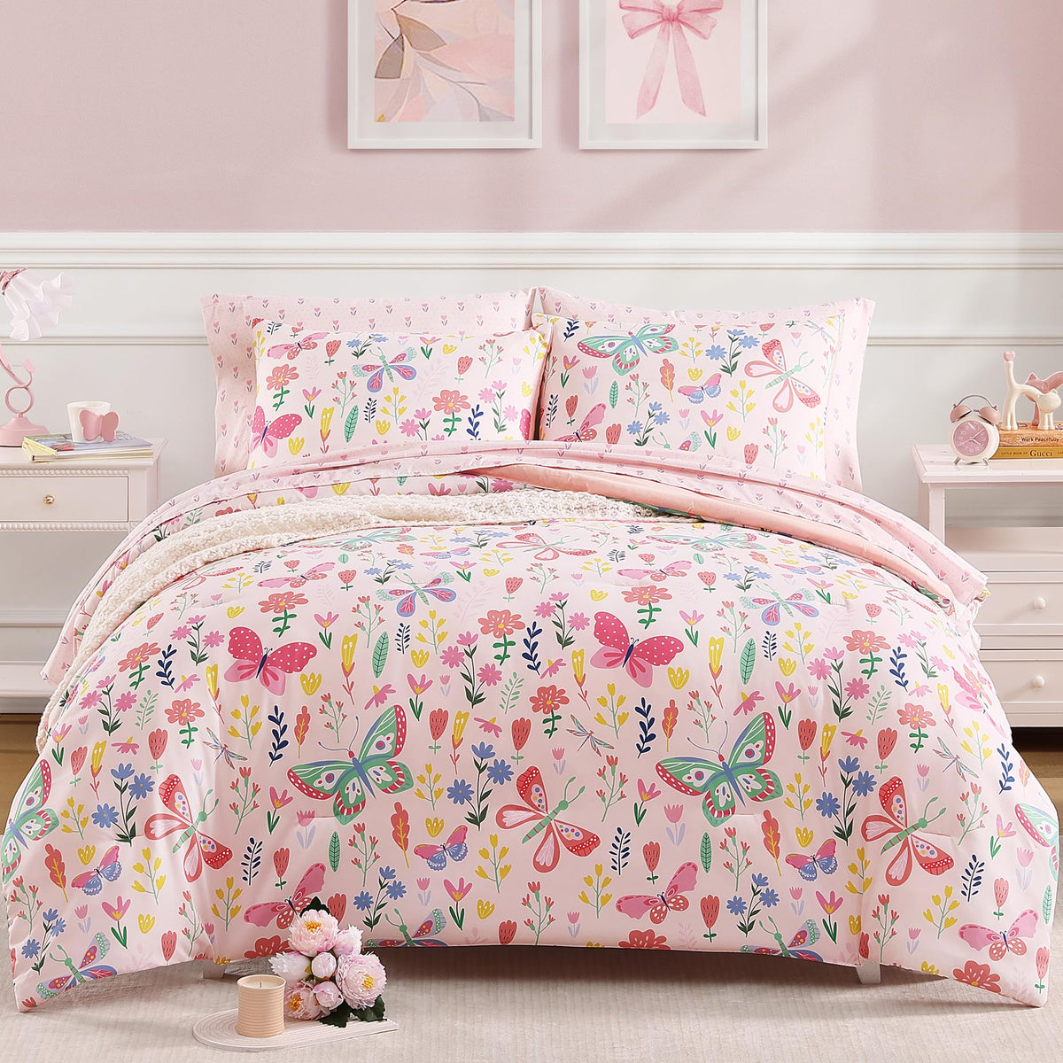 Twin Comforter Set for Girls - 5 Pieces Floral Pink Girls Twin Bedding Set