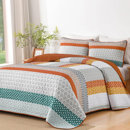 WONGS BEDDING Grey Queen Size Quilt Set, Boho Striped Bedspread