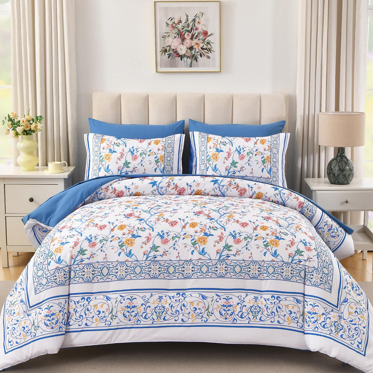 Dobuyly Floral Queen Comforter Set, 7 Piece Bed in a Bag Queen Size Blue Flowers on White Botanical Bedding Set, Soft Microfiber Bedding Comforter Sets with Sheets for All Season