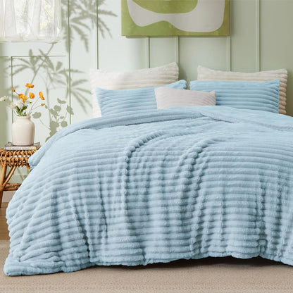 Bedsure Large Queen Fluffy Comforter Set, Cozy Fleece Cream White Bedding