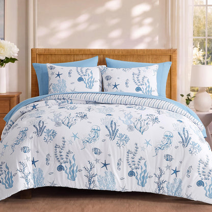 BLOOMHAVEN Queen Comforter Set-7 Pieces Blue Floral Bed in a Bag Queen