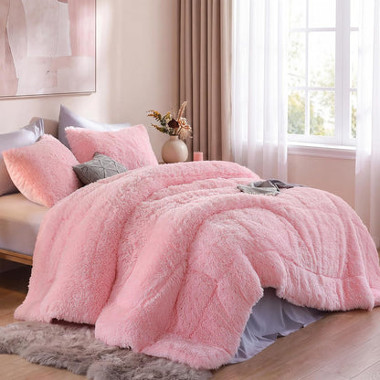 Smoofy Fluffy Queen Comforter Set, Faux Fur Pink Comforter Set 3 Pcs