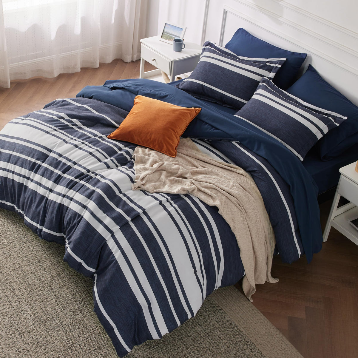 Bedsure Full Comforter Set 7 Pc, Grey Striped, Reversible, All-Season