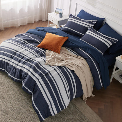 Bedsure Full Comforter Set 7 Pc, Grey Striped, Reversible, All-Season