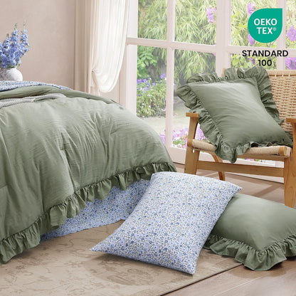 BLOOMHAVEN Queen Comforter Set-7 Pieces Ruffle Bedding with Floral Sheet