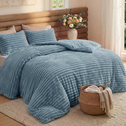 Bedsure Large Queen Fluffy Comforter Set, Cozy Fleece Cream White Bedding