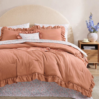 BLOOMHAVEN Queen Comforter Set-7 Pieces Ruffle Bedding with Floral Sheet