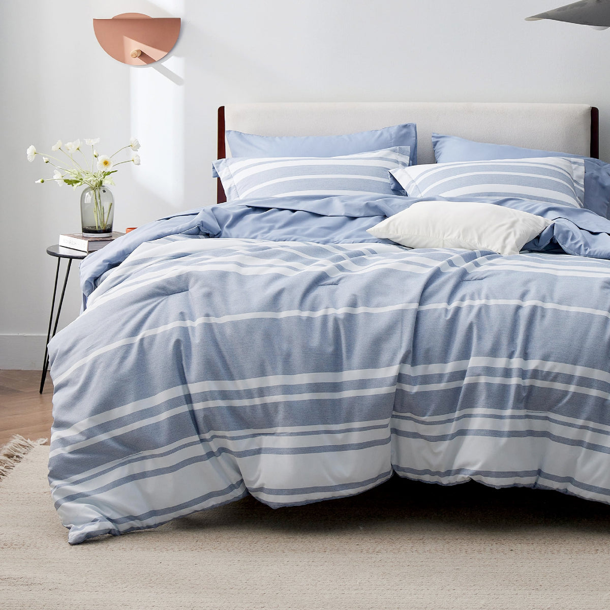 Bedsure Full Comforter Set 7 Pc, Grey Striped, Reversible, All-Season