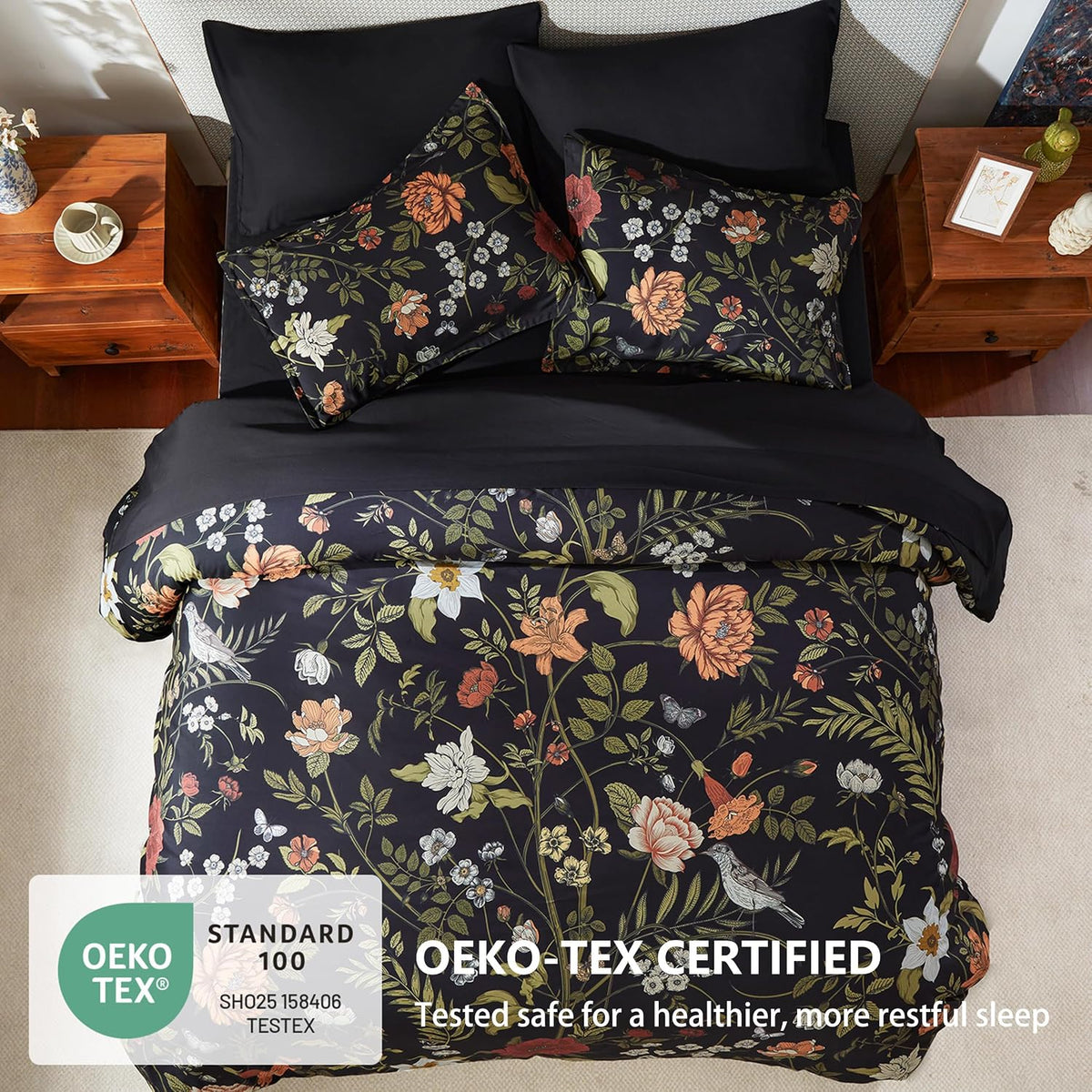 Litanika Floral Black King Comforter Set-7 Piece Botanical Birds Bedding
